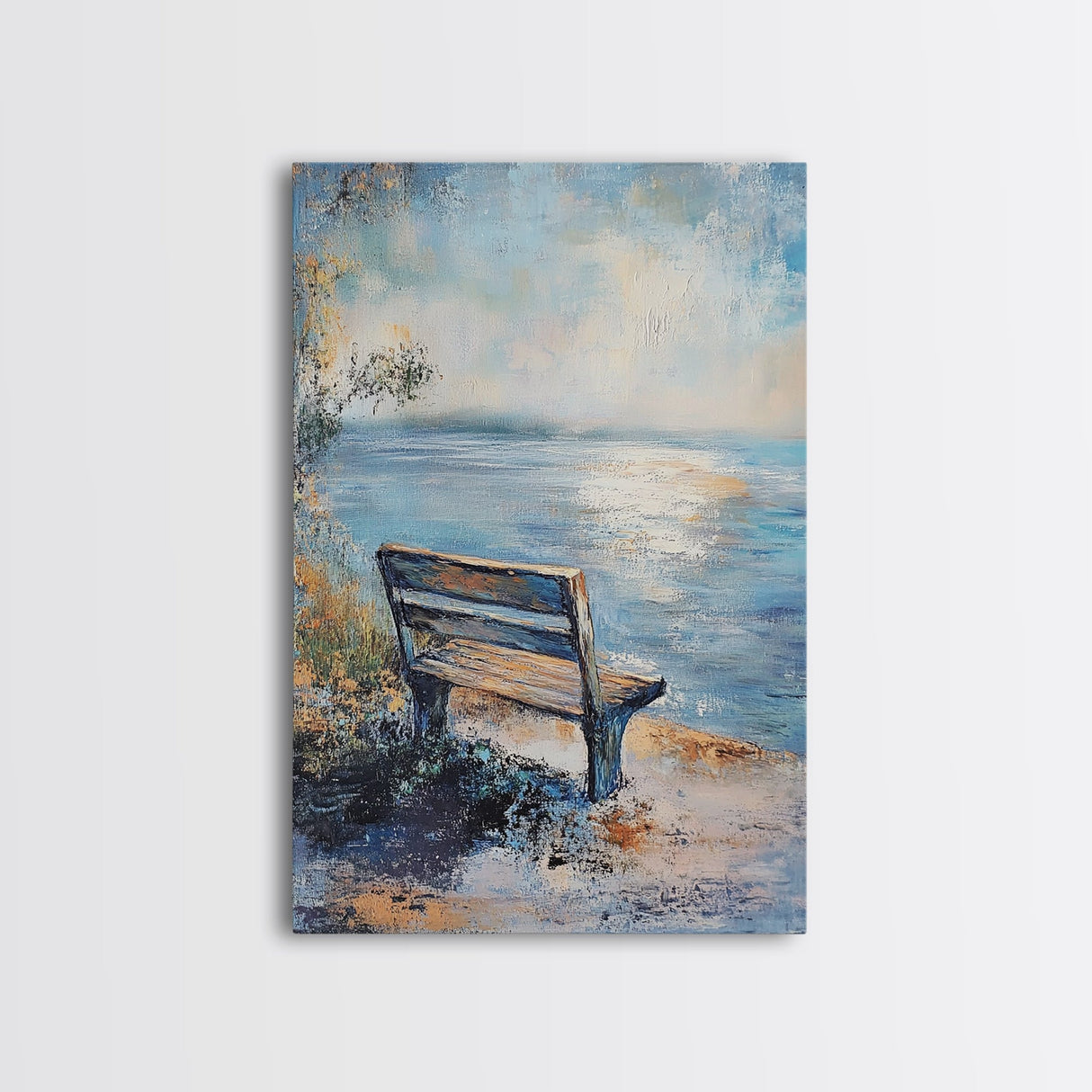 Serene Bench Canvas Print Lakeside Tranquility Peaceful Landscape Wall Art Cozy Home Decor Living Room Relaxation Gift