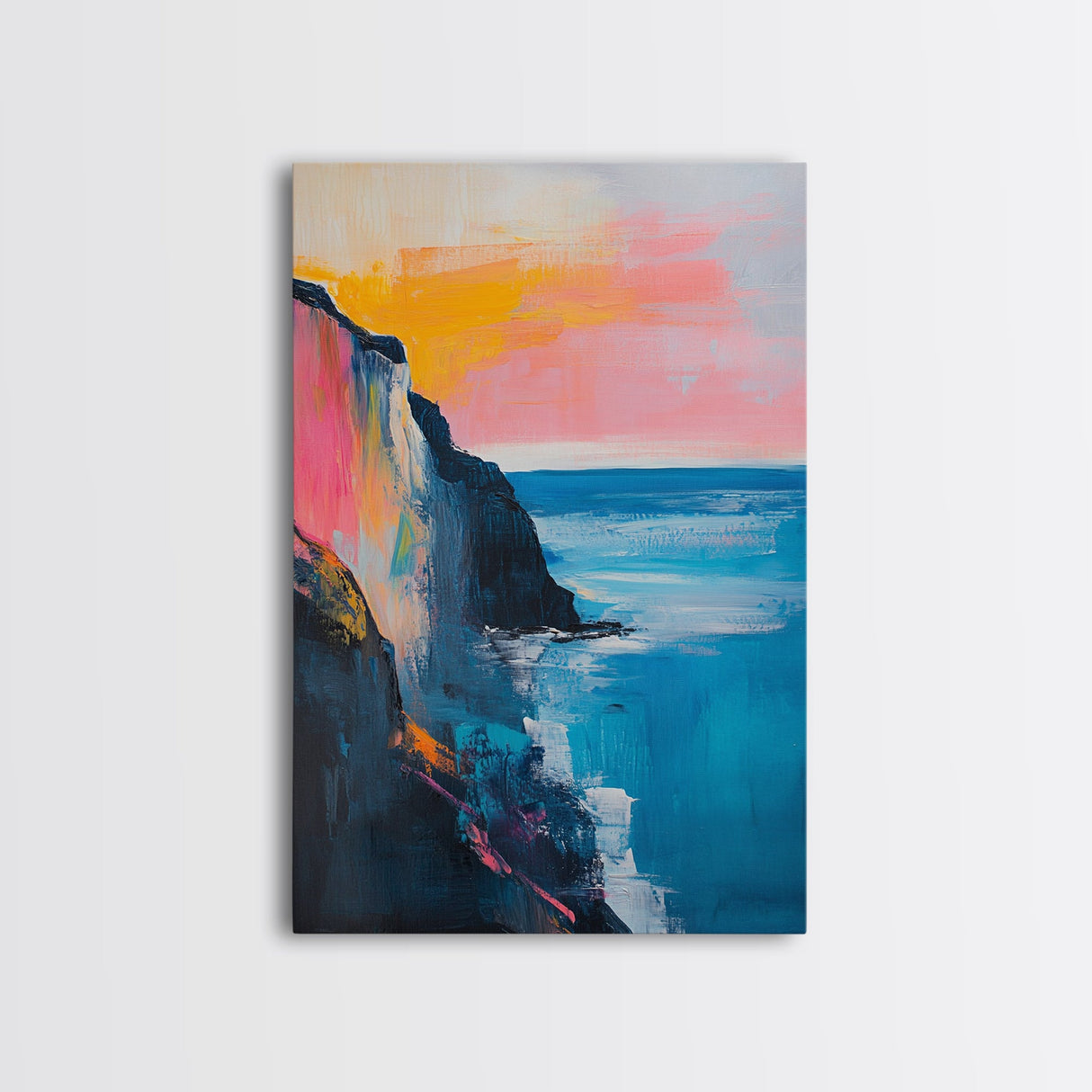 Sunset Cliff Framed Canvas Print Coastal Seascape Wall Art Vibrant Ocean Painting Modern Beach House Decor Relaxing Home Gift