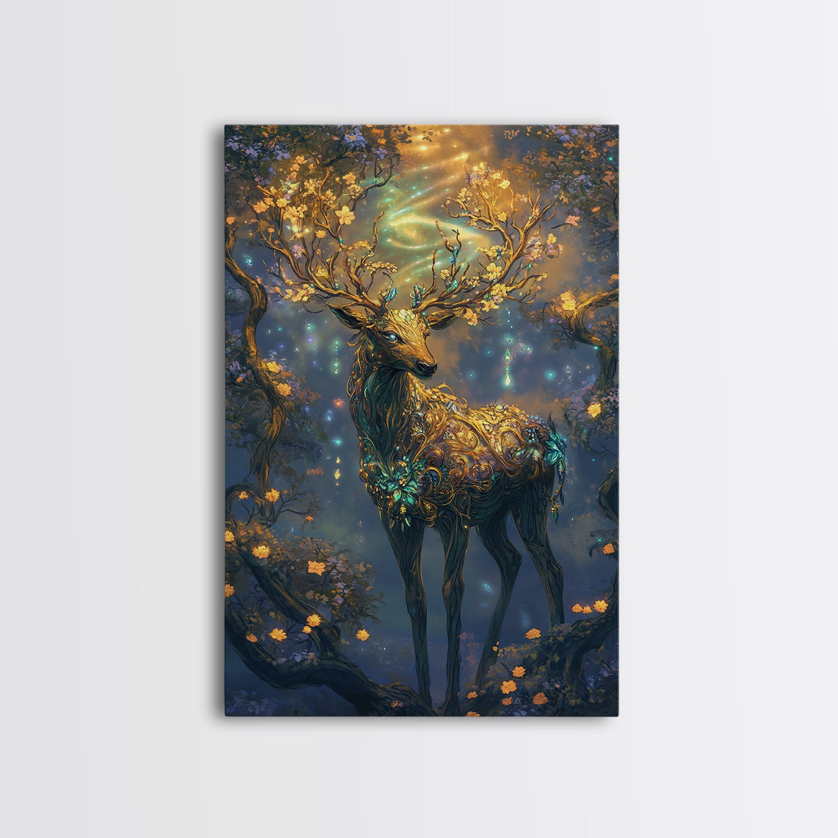 Golden Stag, Mystical Forest, Fantasy Animal Art, Sacred Geometry Wall Art, Rustic Wall Art, Living Room Art, Canvas Print, Gift Idea