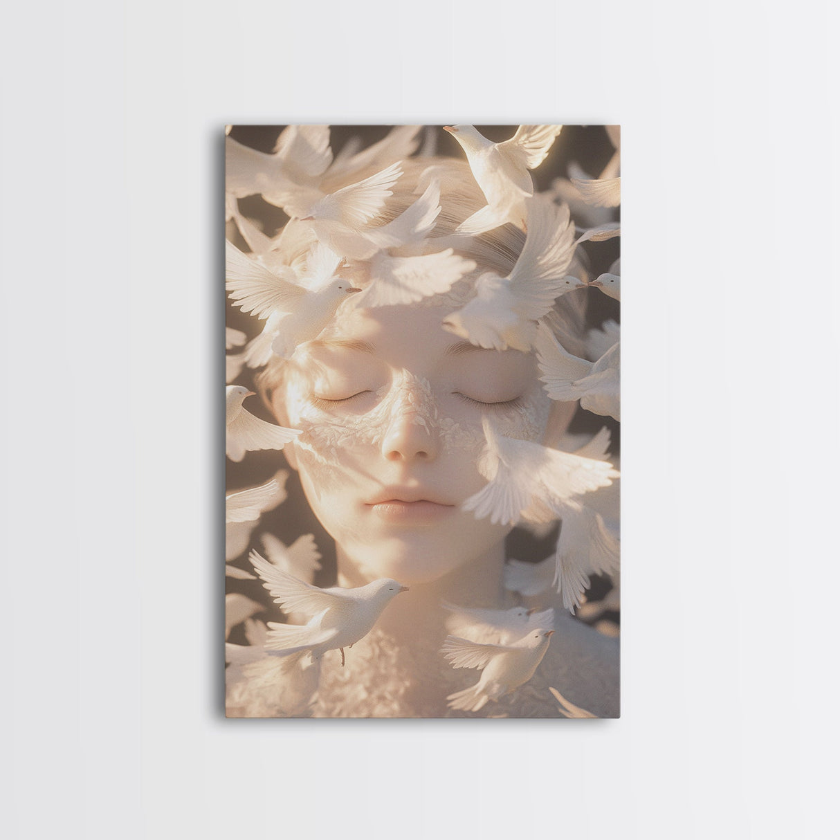 Ethereal White Dove Art Framed Canvas Print - Surreal Dreamy Wall Art, Minimalist Angelic Decor, Bedroom Meditation Art, Boho Aesthetic