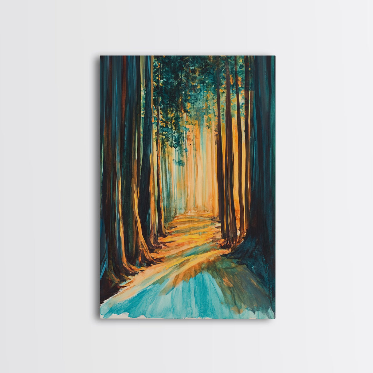 Golden Forest, moody art, pine tree art, wabi sabi wall art, landscape painting, rustic decor, Framed Canvas Print, autumn decor