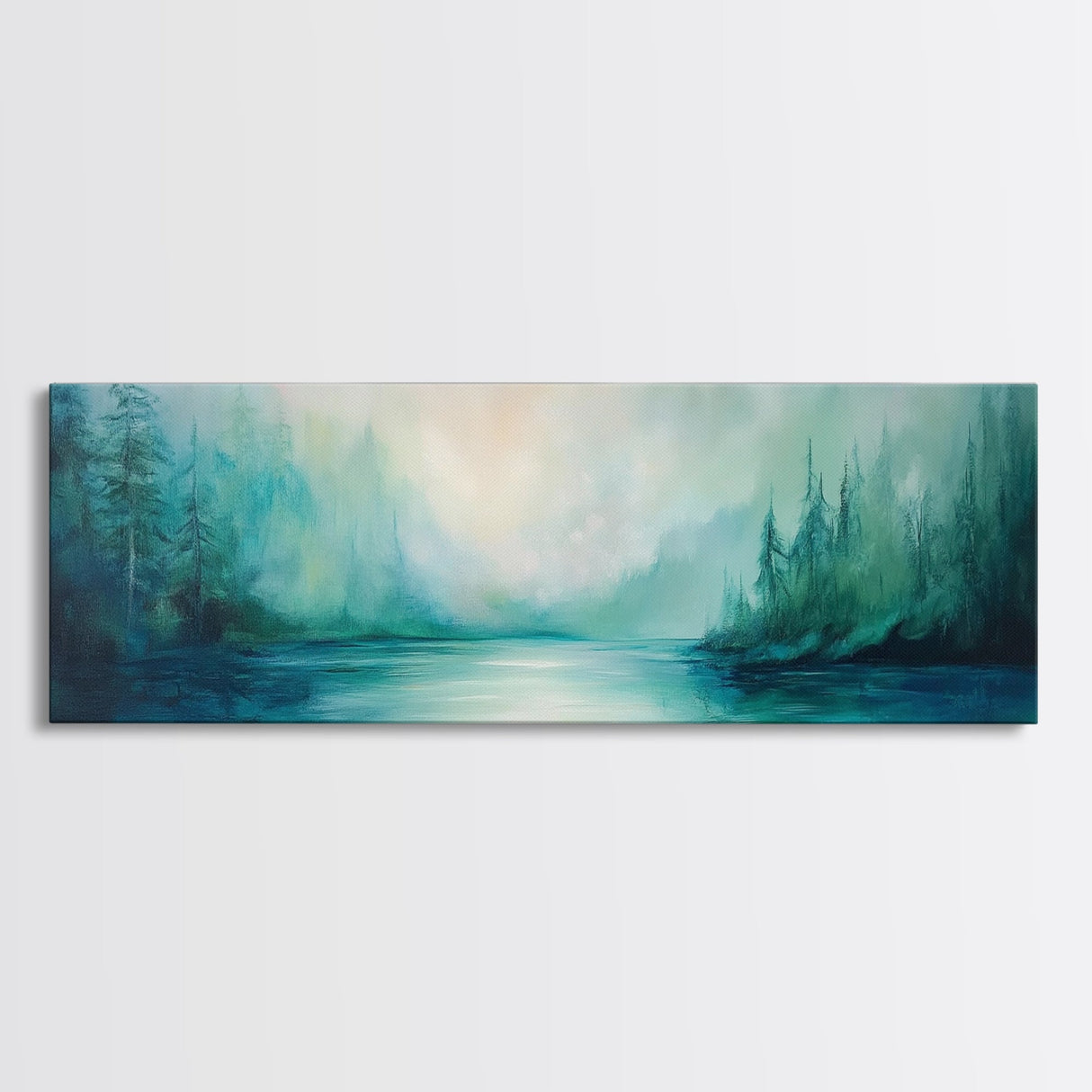 Forest Lake Morning Framed Canvas Print Calm Nature Art, Misty Green Landscape, Cabin Wall Decor, Peaceful Living Room Artwork