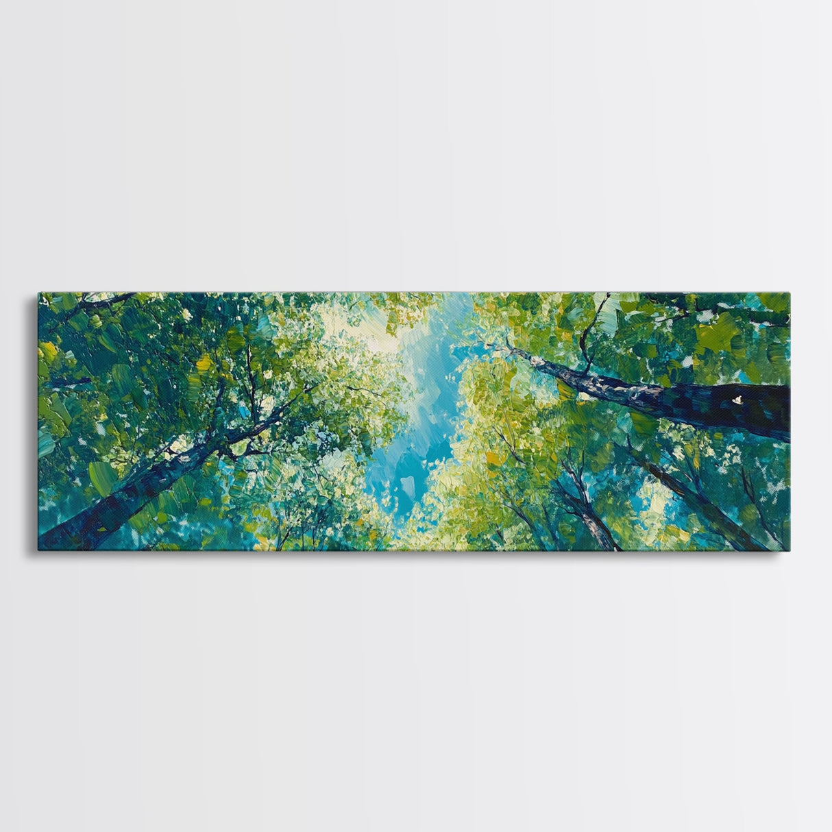 Sunlit Forest Framed Canvas Print Vibrant Nature Wall Art, Green Tree Canopy Painting, Bright Boho Decor, Botanical Living Room Art