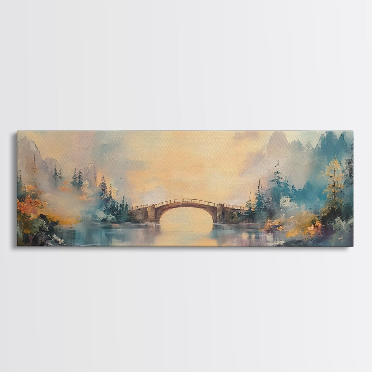 Misty Bridge Framed Canvas Print, Dreamy Lake Landscape Wall Art, Autumn Home Decor, Romantic Nature Painting, Serene Wall Artwork