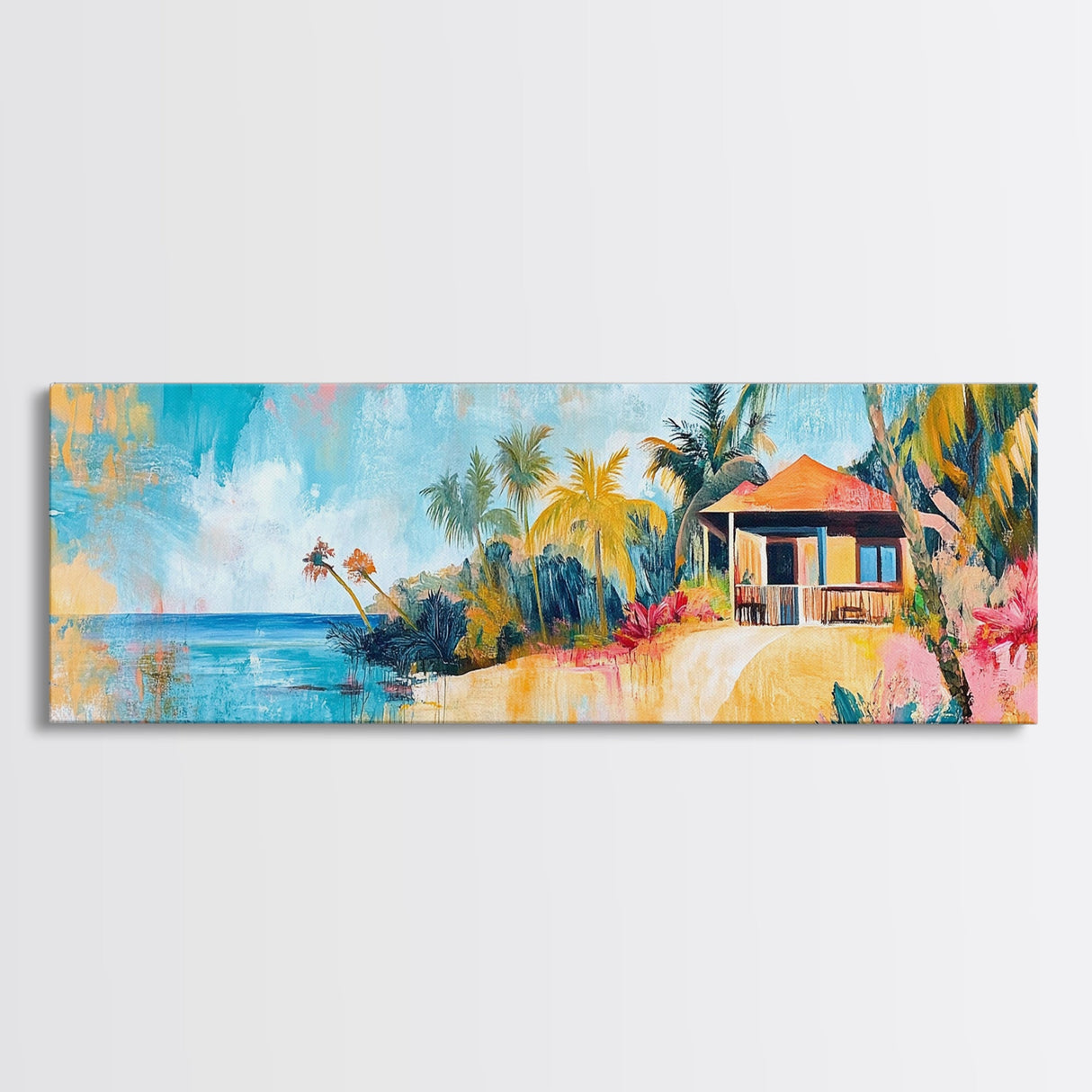 Tropical Beach Hut Painting, Vibrant Coastal Paradise Wall Art, Colorful Island House Decor, Living Room Aesthetic, Canvas Print