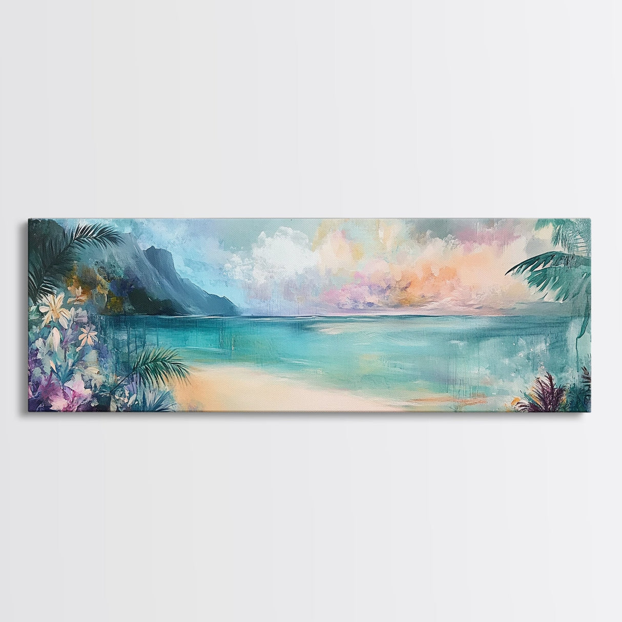 Tropical Beach Paradise Framed Canvas Print, Vibrant Ocean Wall Art, Hawaii Sunset Painting, Coastal Living Room Decor, Relaxing Art