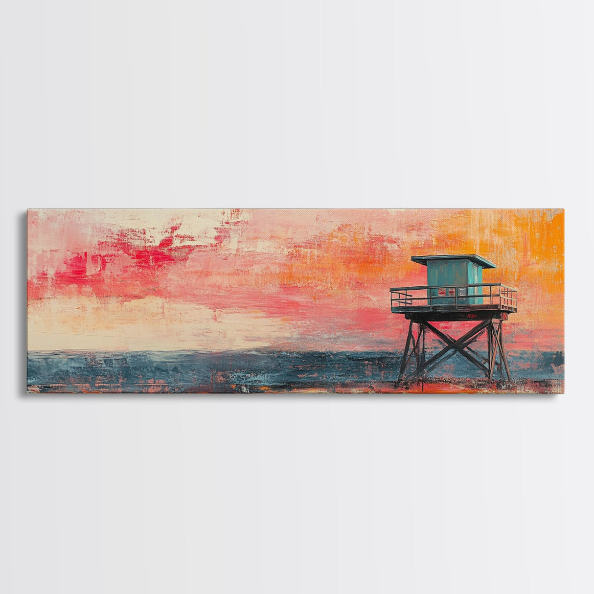 Lifeguard Tower Beach Art, Vibrant Coastal Sunset Painting, Colorful Ocean Wall Decor, Modern Beach House Art, Living Room Wall Art