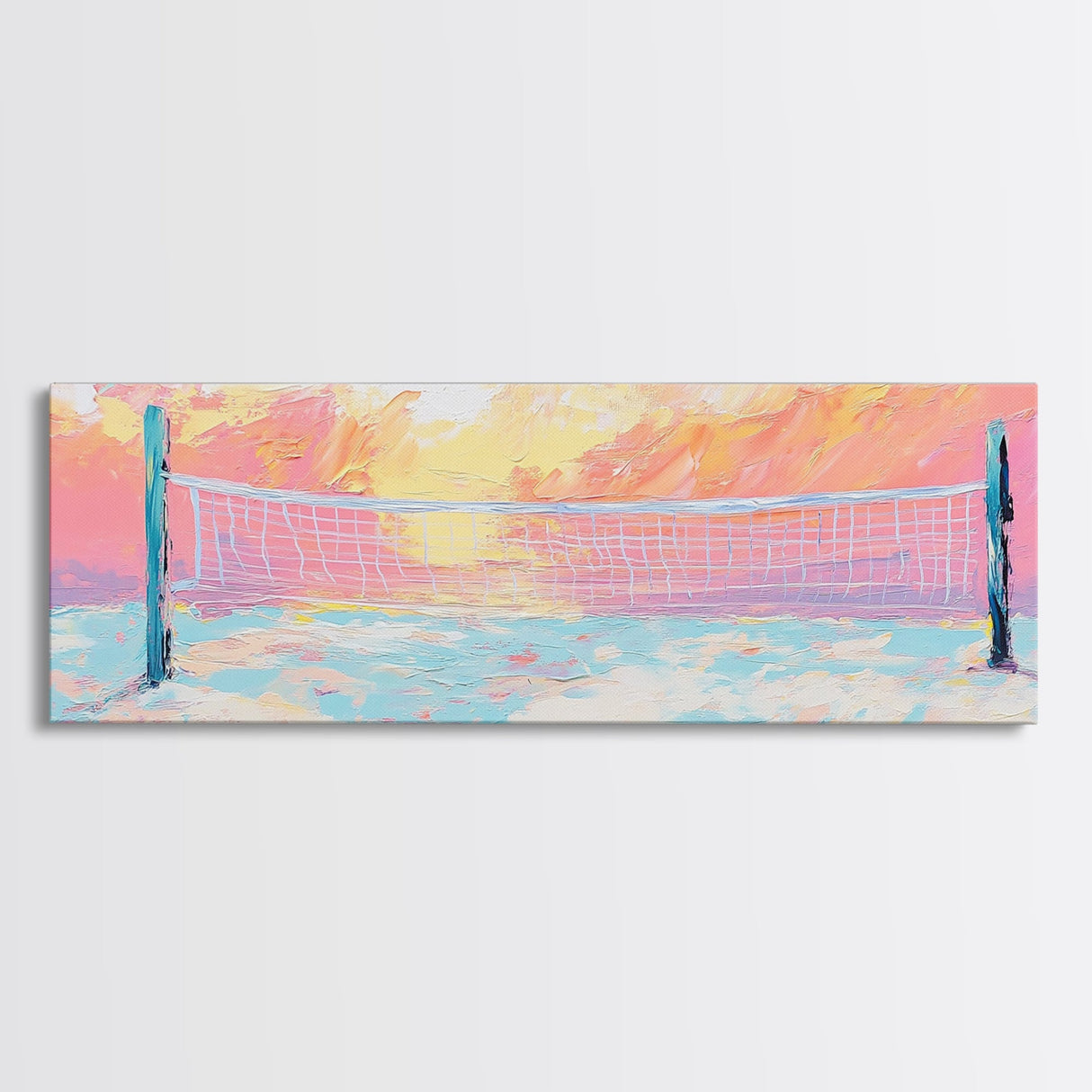 Sunset Beach Volleyball Painting, Pastel Ocean Sports Art, Fun Summer Wall Decor, Playful Living Room, Framed Canvas Print