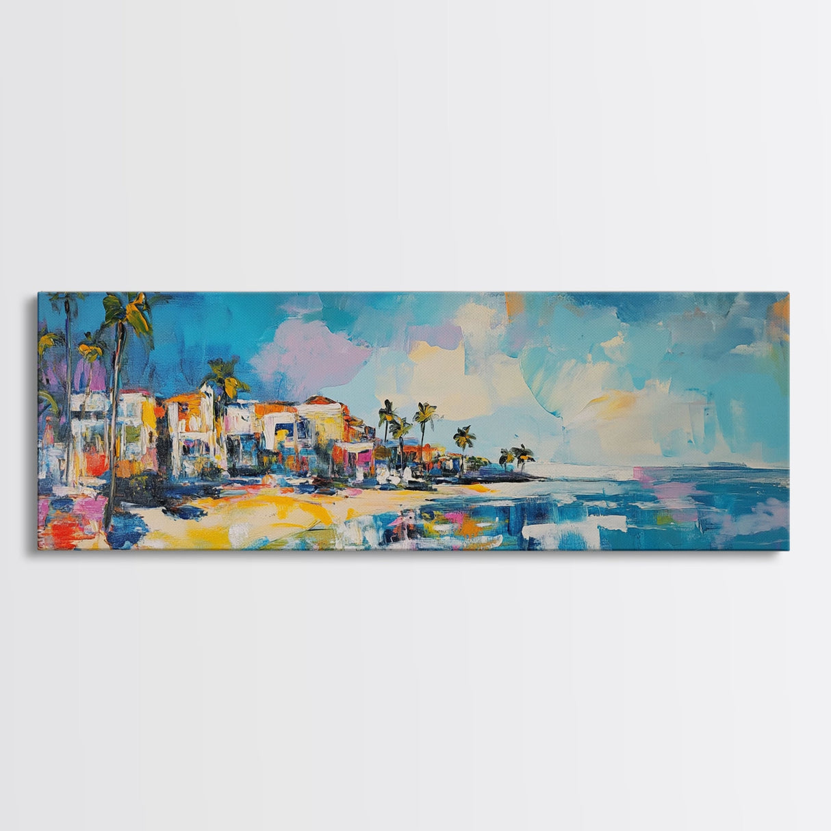 Tropical Beach Houses Framed Canvas Print Coastal Wall Art Vibrant Colorful Painting Modern Decor Large Art Living Room Office Art