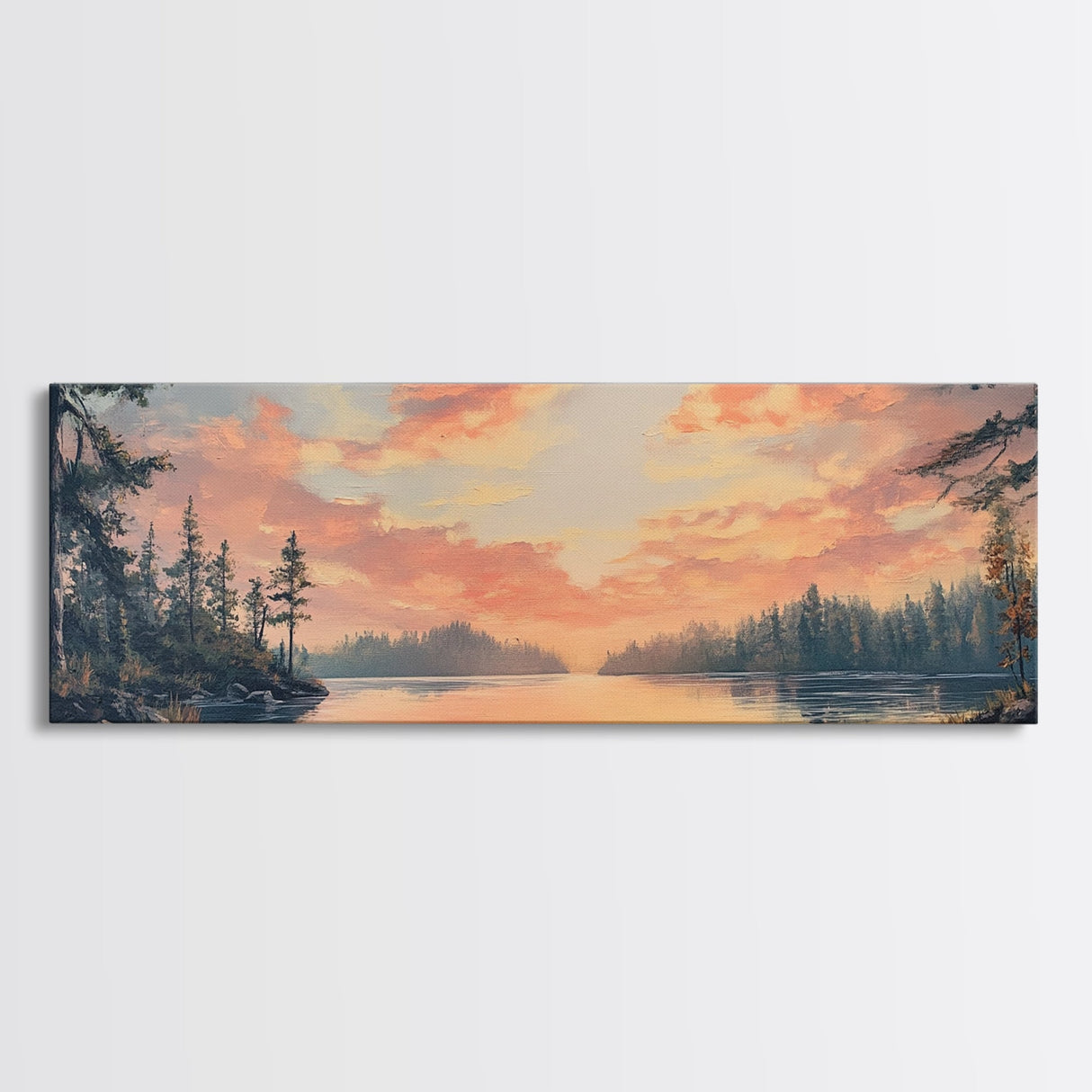 Sunset Lake Reflection Framed Canvas Print Autumn Landscape Warm Tones Nature Wall Art Rustic Cabin Decor Bedroom Living Room