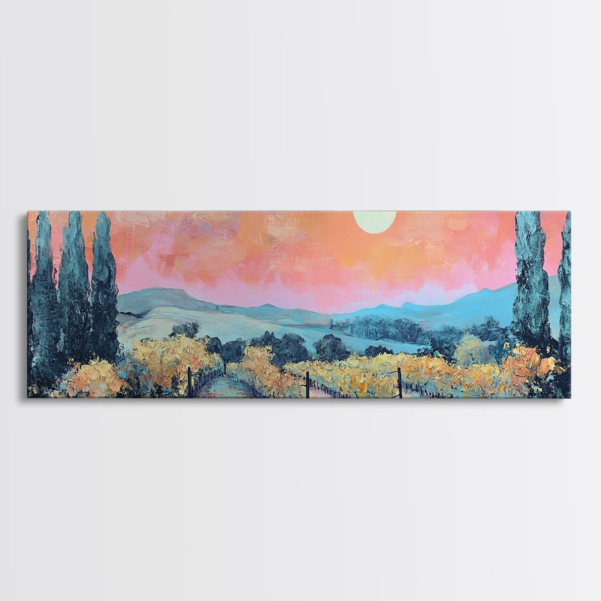 Tuscany Vineyard Painting Sunset Landscape Wall Art Rustic Countryside Decor Warm Autumn Aesthetic Dining Room