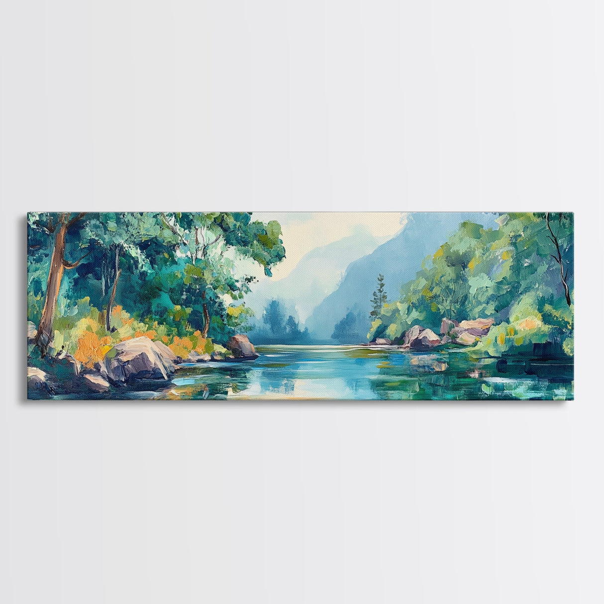 Mountain Lake View Canvas Print, Serene Landscape Painting, Green Nature Wall Art, Living Room Decor, Rustic Cabin Artwork, Gift Idea