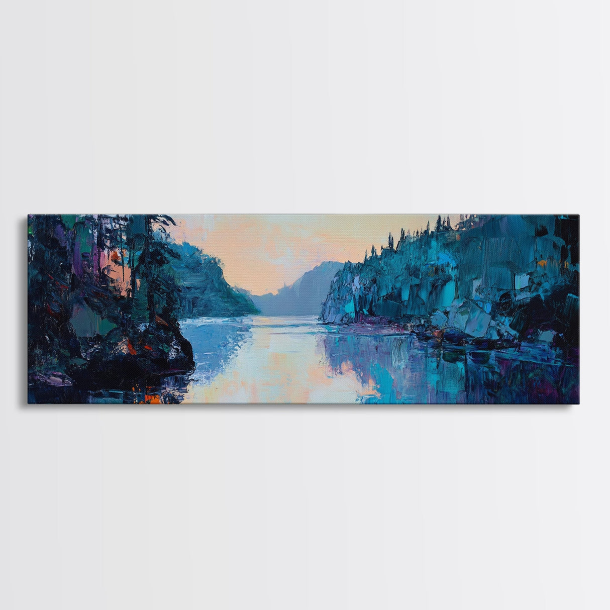 Twilight Lake Reflections Framed Canvas Print, Moody Landscape Painting, Dark Blue Nature Wall Art, Bedroom Art, Wilderness Artwork