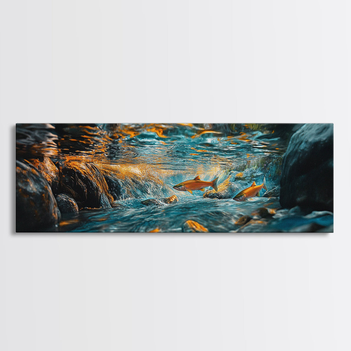 Vibrant Underwater River Scene Framed Canvas Print, Nature Wall Art, Rustic Cabin Decor, Wildlife Painting, Living Room Art