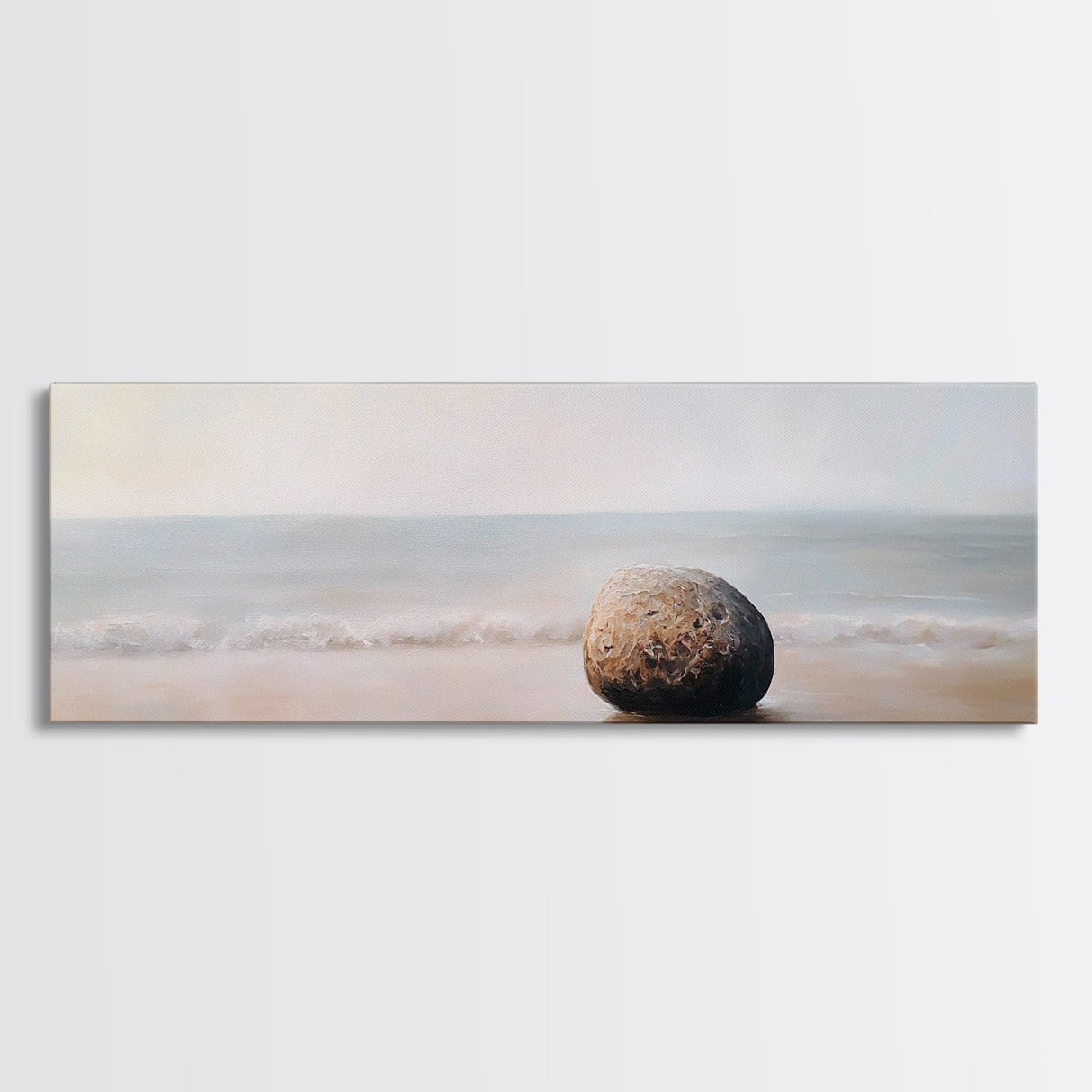 Tranquil Beach Rock Canvas Print Minimalist Wall Art Coastal Zen Painting Neutral Living Room Wall Art Serene Ocean Decor