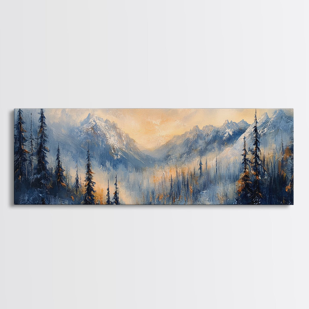 Misty Forest Sunrise Canvas Print Mountain Landscape Painting Nature Inspired Rustic Wall Art Cozy Living Room Decor Fall Aesthetic