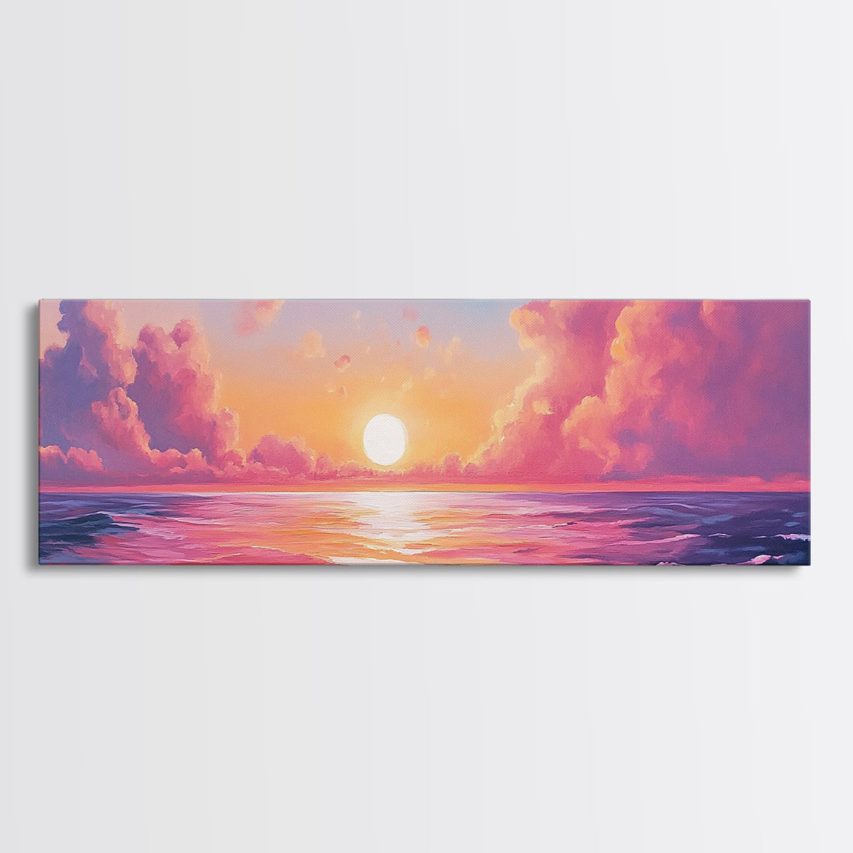 Pink Sunset, Romantic Ocean Painting, Vibrant Seascape Wall Art, Coastal Home Decor, Canvas Print, Dreamy Sky, Bedroom Artwork