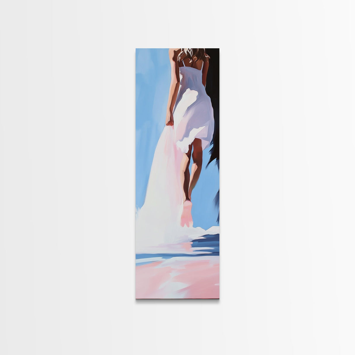 Woman in White, Elegant Beach Art, Dreamy Seaside Scene, Romantic Coastal Decor, Soft Aesthetic, Bedroom Wall Art, Framed Canvas Print