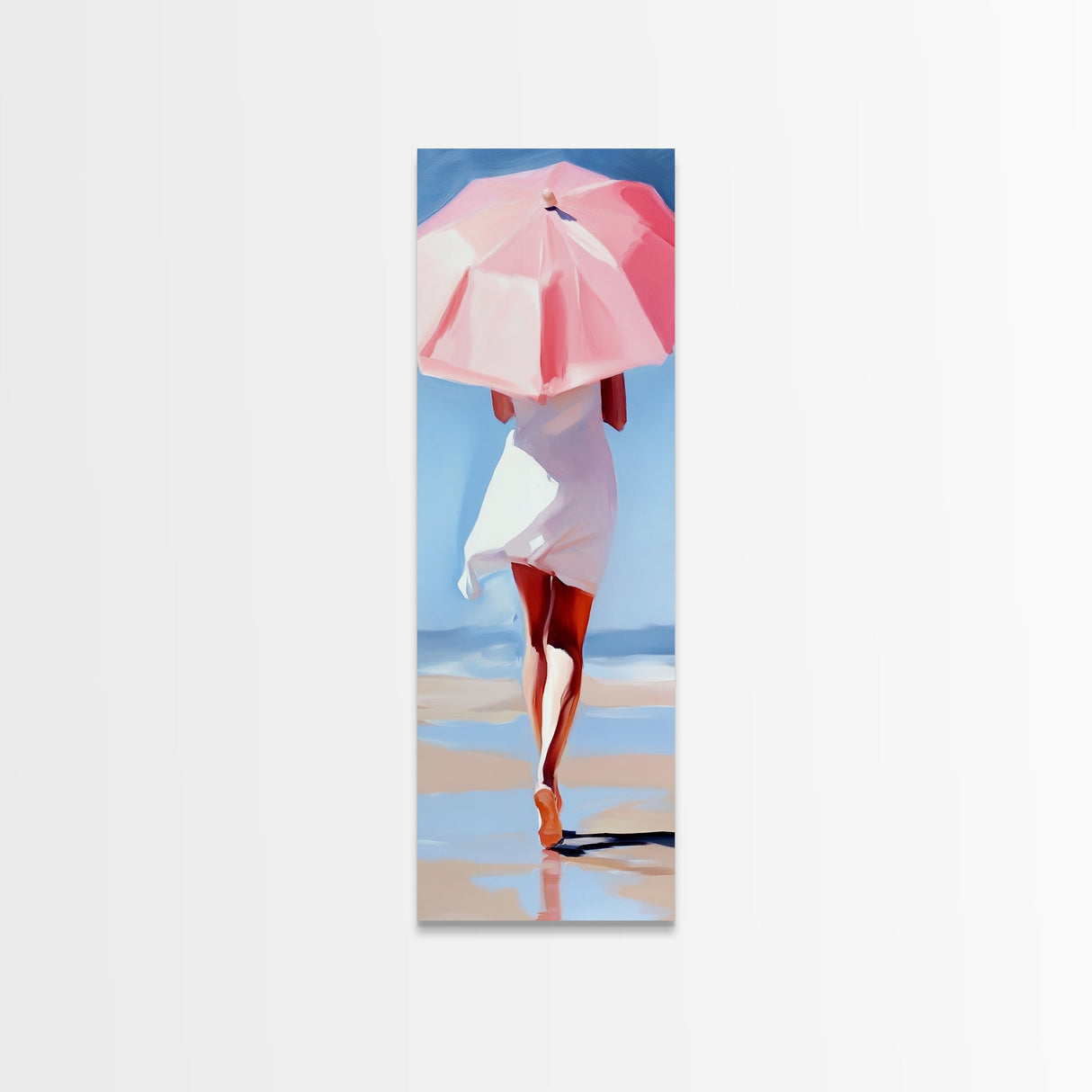 Woman with Umbrella, Summer Vibes, Framed Canvas Print, Coastal Minimalist, Soft Pastel Art, Relaxing Wall Art, Living Room Decor