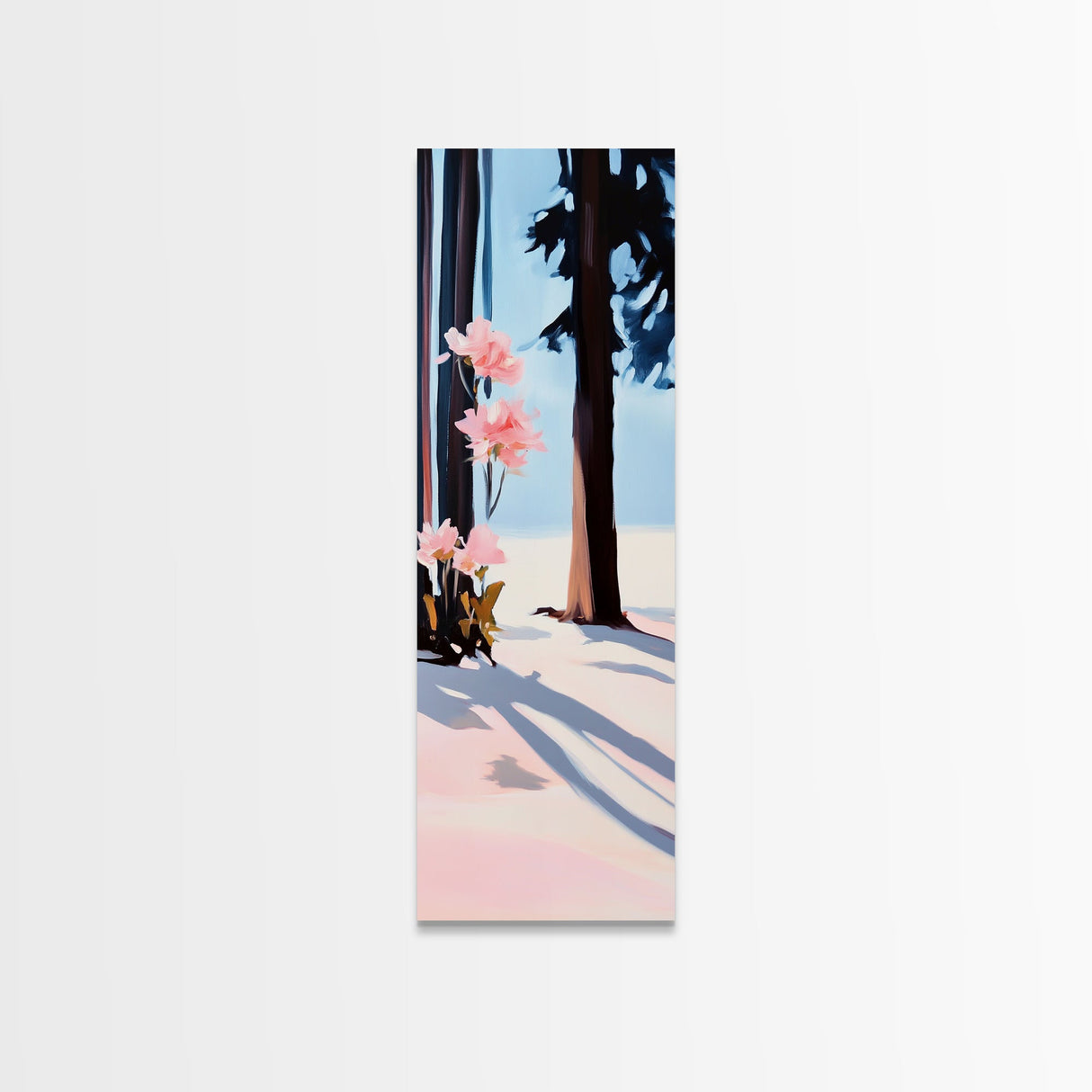 Floral Winter, Botanical Wall Art, Pink Flower Snow Scene, Nature-Inspired Artwork, Minimalist Forest Painting, Canvas Print, Office Wall Art