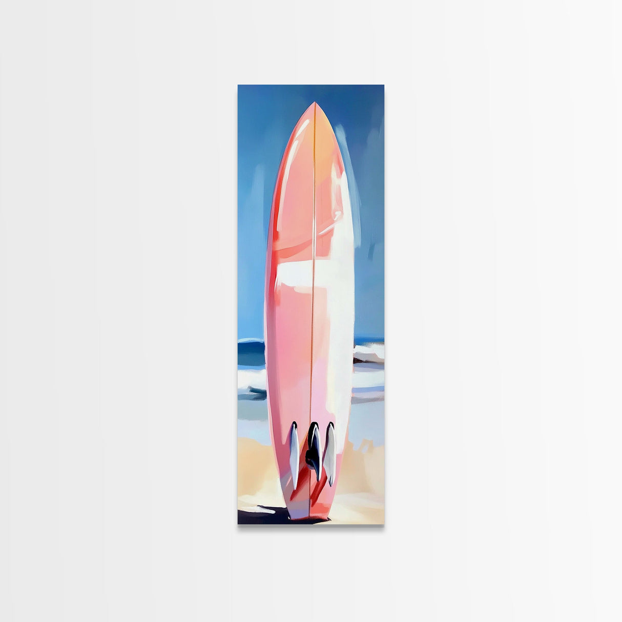 Pink Surfboard, Beach House Art, Coastal Aesthetic, Surfer Lifestyle, Summer Vibes, Ocean Theme Framed Canvas Print, Modern Wall Decor