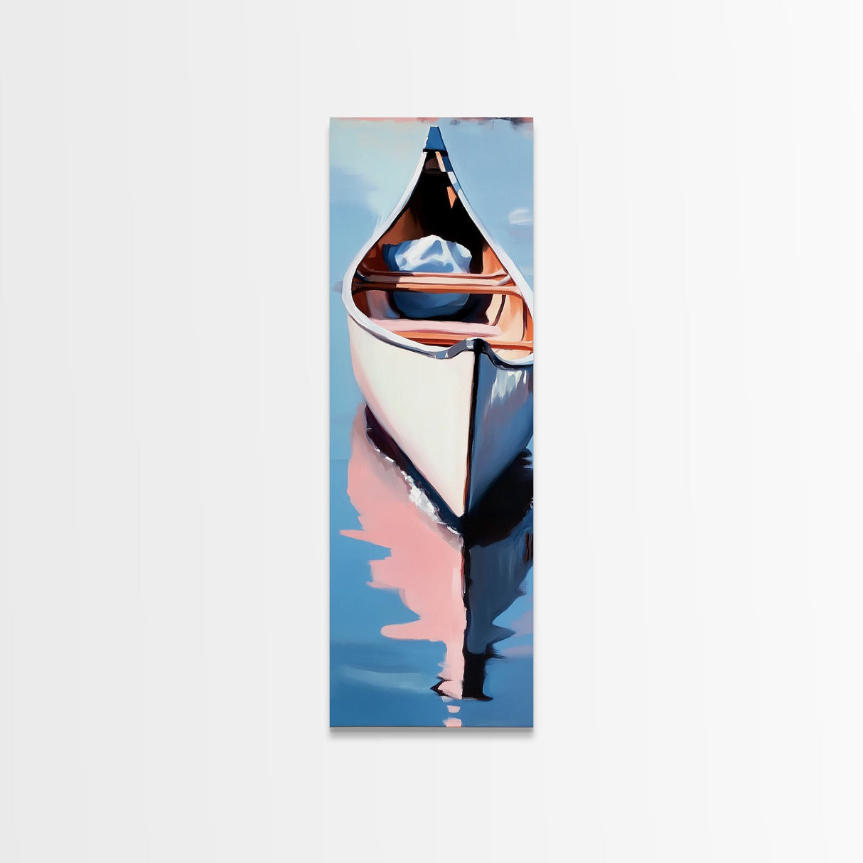 Canoe on Water, peaceful lake scene, wilderness art, adventure painting, modern minimalism, nature lover’s decor, framed canvas print