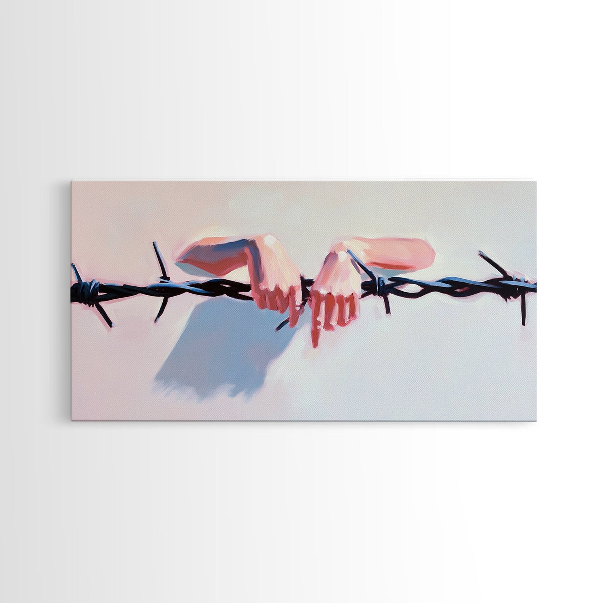 Hands on Barbed Wire, Surreal Art, Emotional Aesthetic, Modern Symbolism, Thought-Provoking Decor, Contemporary Wall Art, Canvas Print