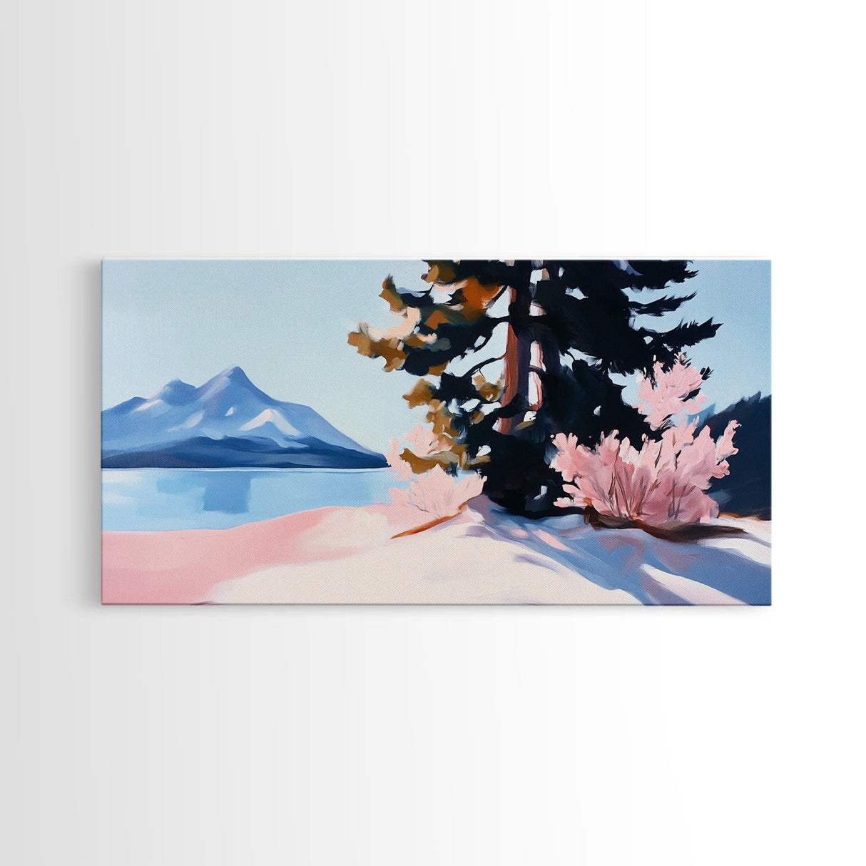 Mountain Landscape, Tranquil Lake Scene, Serene Nature Painting, Minimalist Home Decor, Rustic Wilderness Art, Framed Canvas Print