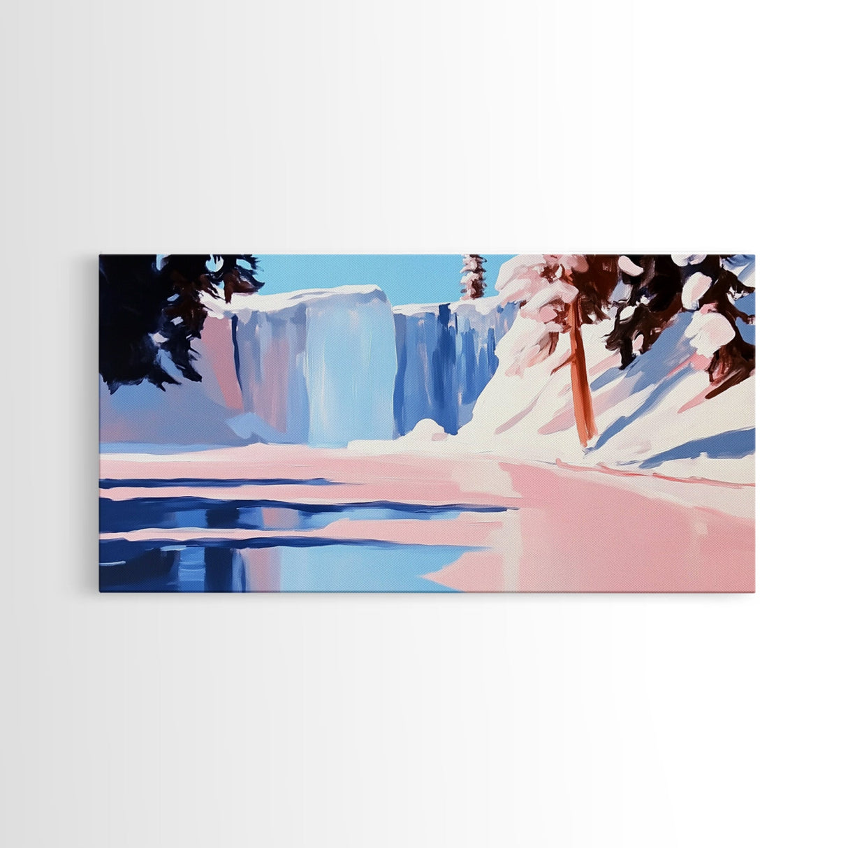Winter Waterfall, Frozen River, Snowy Landscape, Framed Canvas Print, Minimalist Art, Living Room Wall Art, Nature Scene, Icy Blue