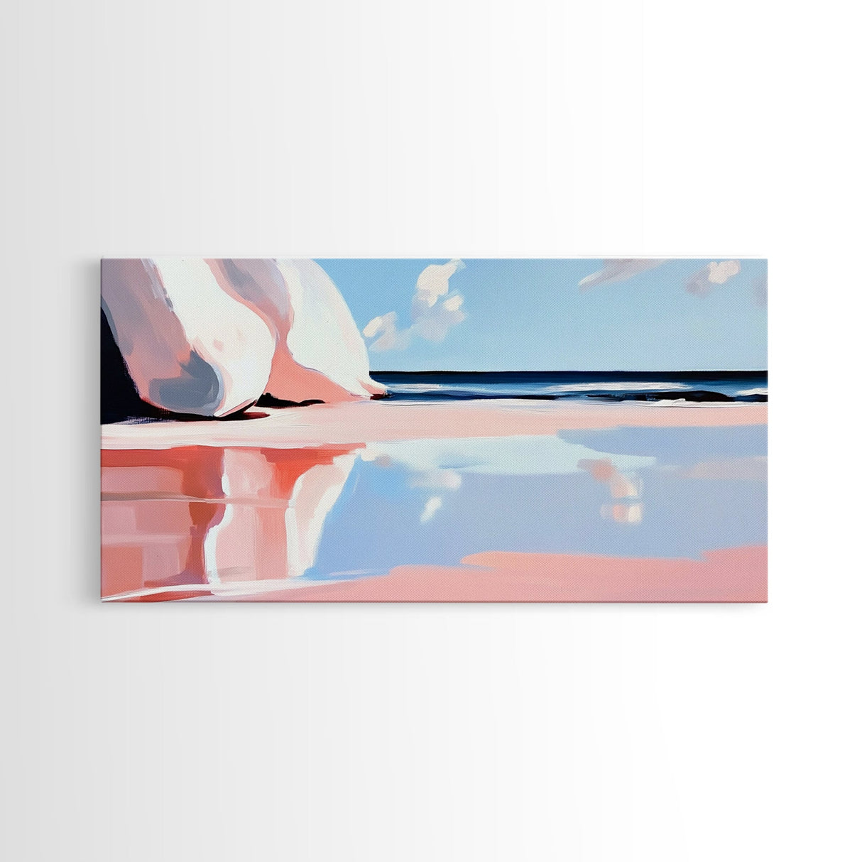 Pink Waves, Coastal Reflection, Ocean Art, Seascape Wall Decor, Bedroom Wall Art, Framed Canvas Print, Minimalist Beach Scene, Soft Pastels