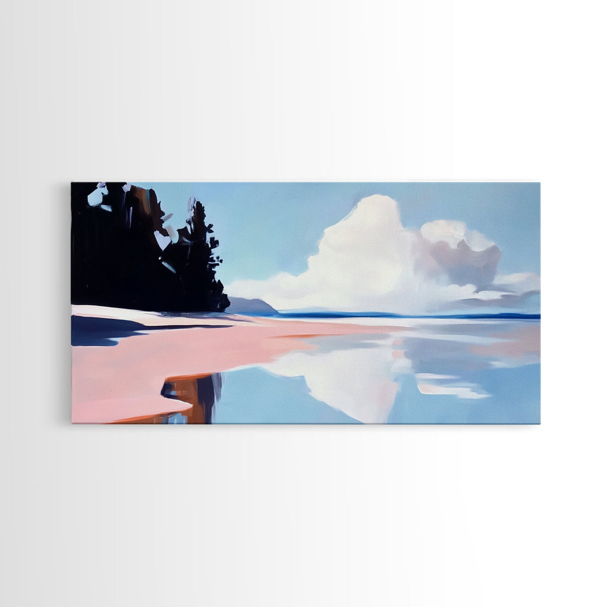 Cloudy Seascape Reflection, Tranquil Coastal Print, Minimalist Ocean Decor, Soft Pastel Landscape, Zen Home Art, Bedroom Framed Canvas Print