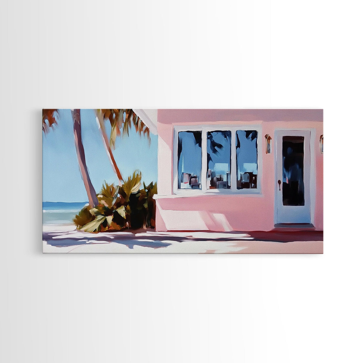 Seaside Cottage, Beach House, Coastal Living, Palm Trees, Ocean Breeze, Tropical Getaway, Minimalist Art, Nautical Theme, Canvas Print