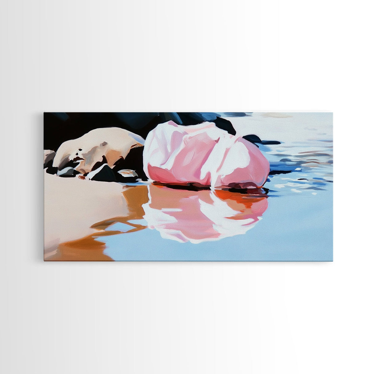 Pink Rock, Water Reflection, Framed Canvas Print, Minimalist Landscape, Nature Aesthetic, Serene Home Decor, Modern Art, Office Wall
