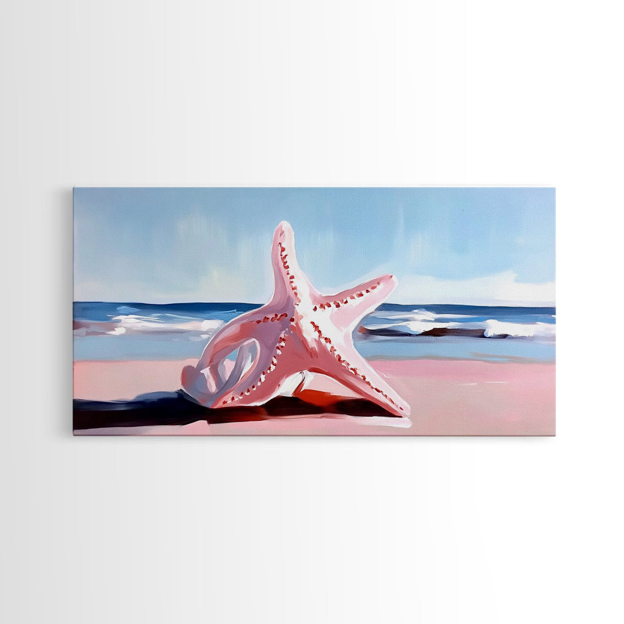 Starfish on Beach, Coastal Wall Art, Ocean Inspired Decor, Nautical Framed Canvas Print, Blue and Pink Summer Vibes Artwork