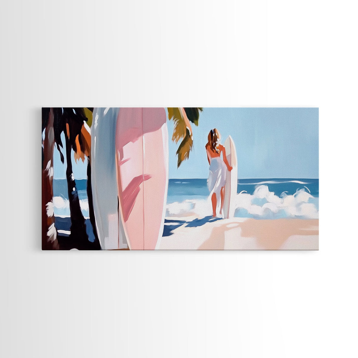 Surfer Girl, Coastal Art, Framed Canvas Print, Beach Wall Decor, Tropical Aesthetic, Ocean Painting, Summer Vibes, Modern Home Art
