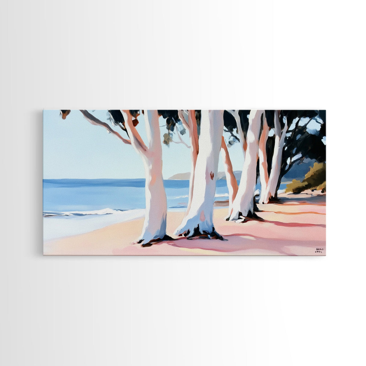 Eucalyptus Grove, Coastal Path, Sunlit Trees, Relaxing Beach Scene, Natural Beauty, Soft Pastel Tones, Modern Home, Canvas Print