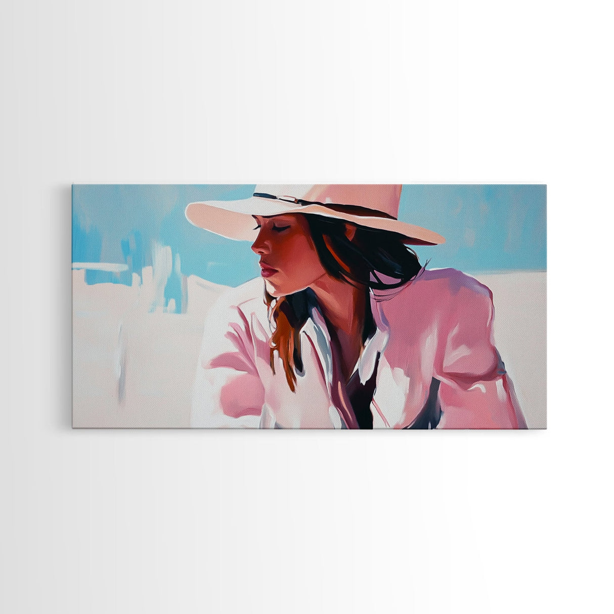 Woman, Sun Hat, Beach, Framed Canvas Print, Fashion Art, Minimalist Style, Boho Home Decor, Coastal Chic, Pastel Summer Painting