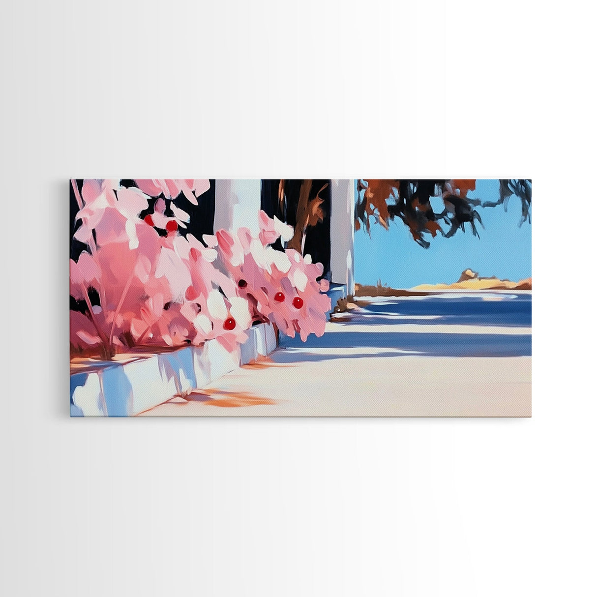Flowers, Sunlit Walkway, Mediterranean Style Art, Floral Painting, Romantic Landscape, Framed Canvas Print, Outdoor Wall Art, Pastel Tones