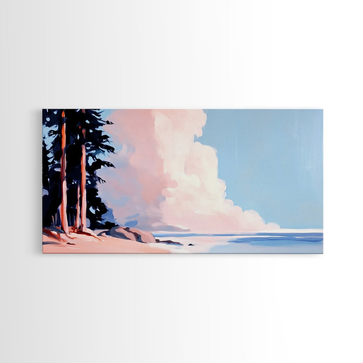 Seaside Pines, Coastal View, Tranquil Landscape, Canvas Print, Nature Wall Art, Beach House Decor, Living Room Art, Blue Minimalist Art