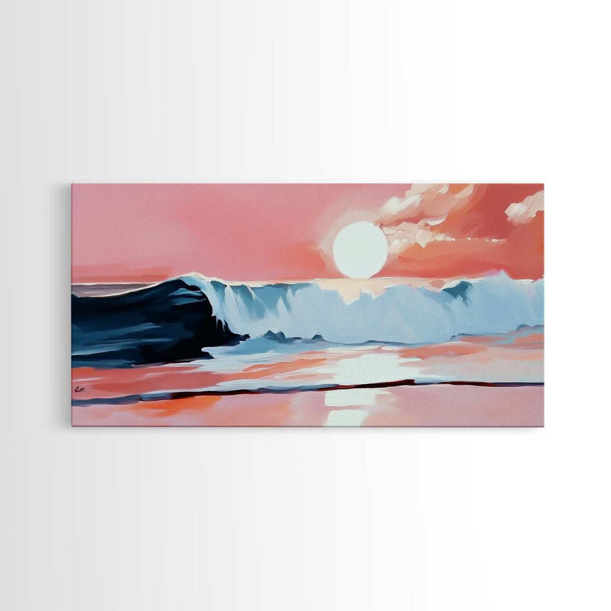 Pink Sunset, Ocean Waves, Coastal Art, Beach Decor, Framed Canvas Print, Modern Wall Art, Nautical Art, Living Room Wall Art