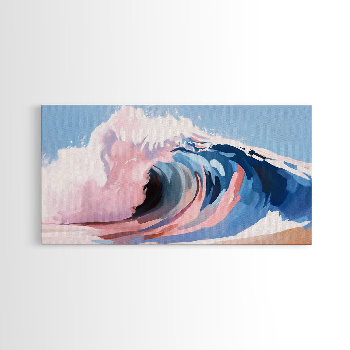 Ocean Wave, Abstract Seascape, Beach Aesthetic, Coastal Home, Canvas Print, Modern Beach House Wall Art, Blue and Pink Waves, Surf Art