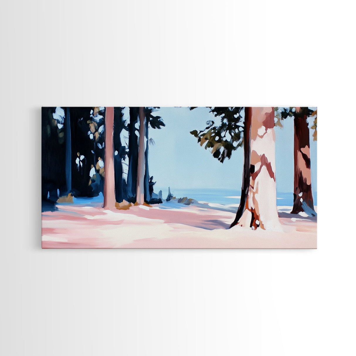 Forest by the Sea, Coastal Trees, Nature Serenity, Outdoor Wall Art, Canvas Print, Modern Landscape, Ocean Home Decor, Blue and Green Art