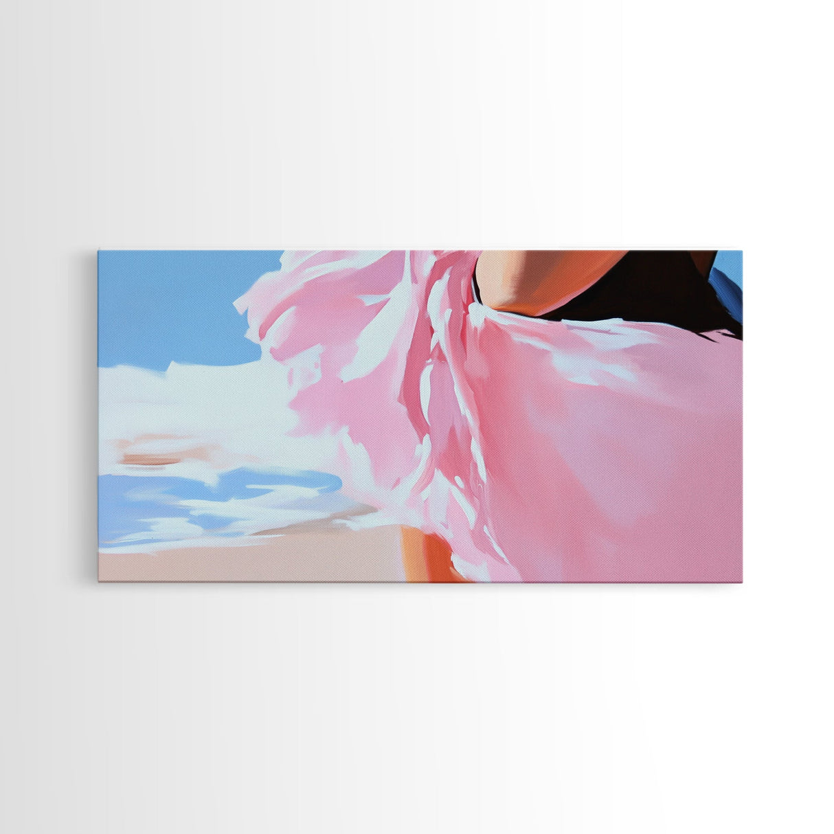Flowing Dress, Beach Wind, Feminine Elegance, Fashion Wall Art, Framed Canvas Print, Ocean Breeze, Modern Home Decor, Soft Pink Aesthetic
