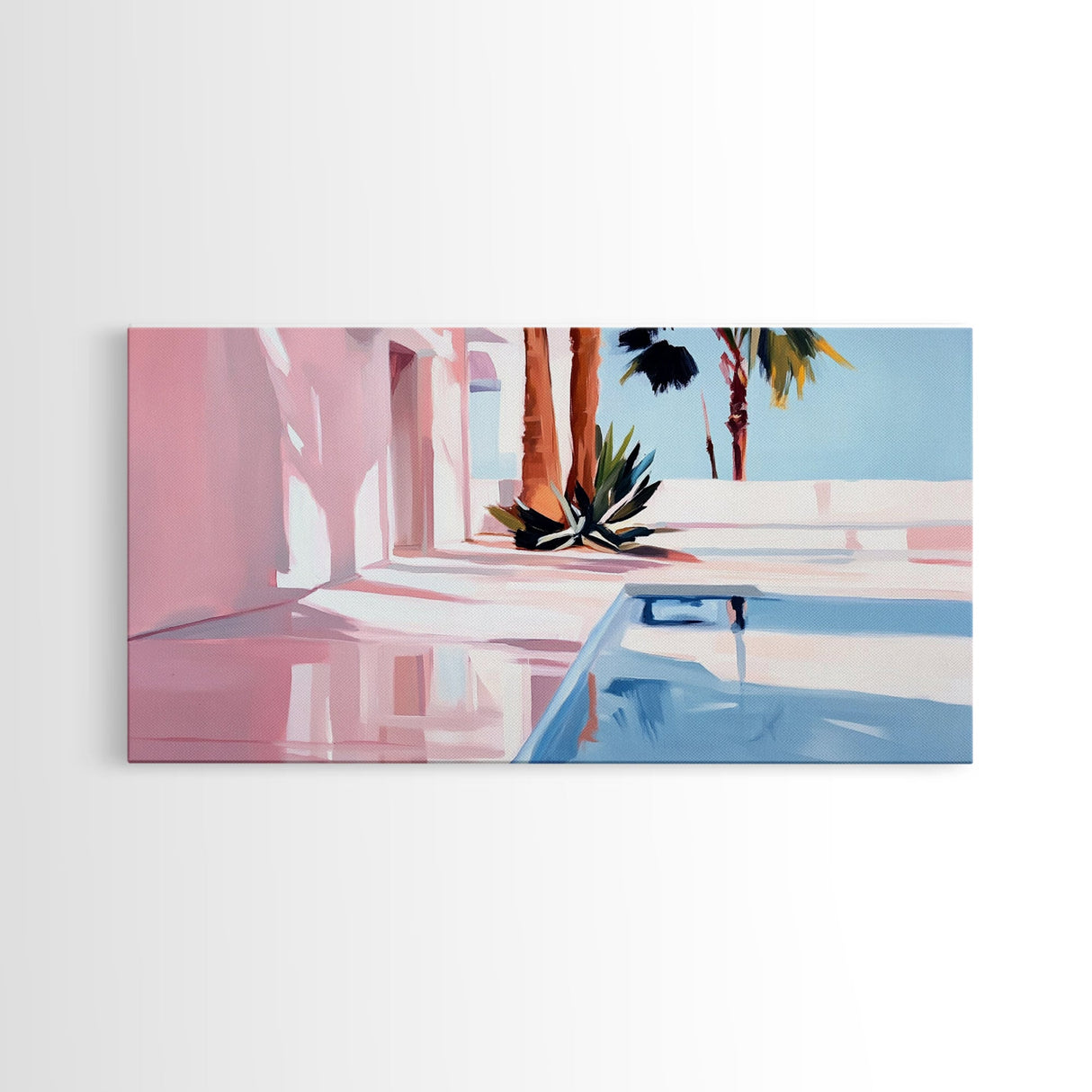 Pink Villa, Poolside View, Tropical Retreat, Canvas Print, Mediterranean Art, Vacation Home Decor, Palm Tree Wall Art, Resort Aesthetic