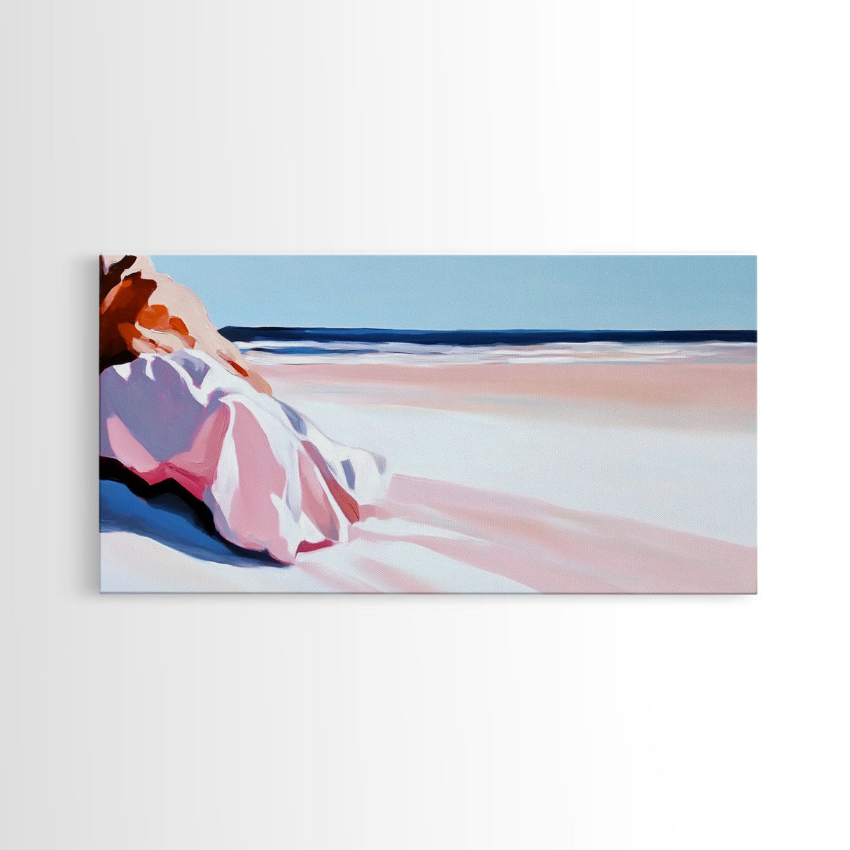 Woman in Pink, Beachside Relaxation, Canvas Print, Summer Aesthetic, Feminine Wall Art, Minimalist Seascape, Pastel Color Palette