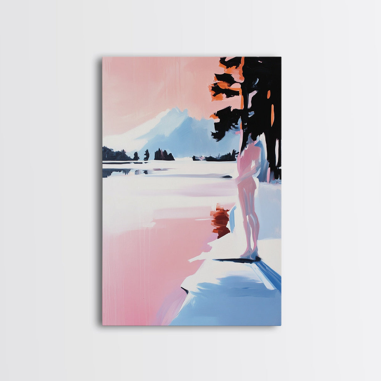 Sunset Lake, Mountain Reflection, Dreamy Landscape, Pastel Art, Framed Canvas Print, Living Room Wall Art, Romantic Nature Scene
