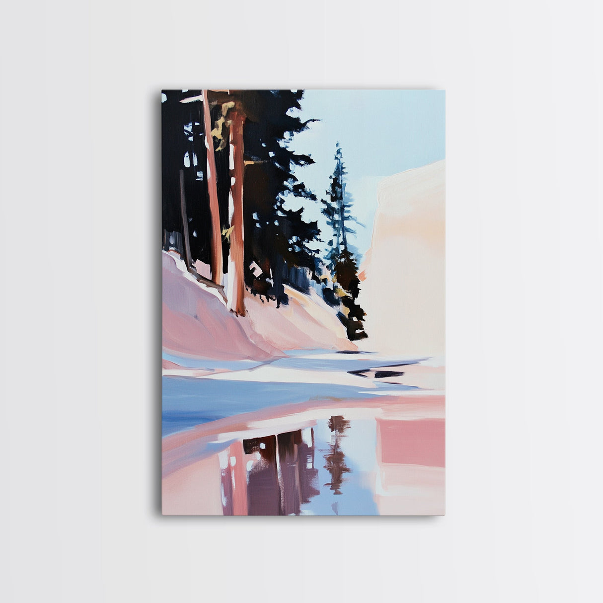Snowy Pines, Winter Wonderland, Forest Reflection, Canvas Print, Cozy Cabin Decor, Christmas Wall Art, Minimalist Landscape Painting