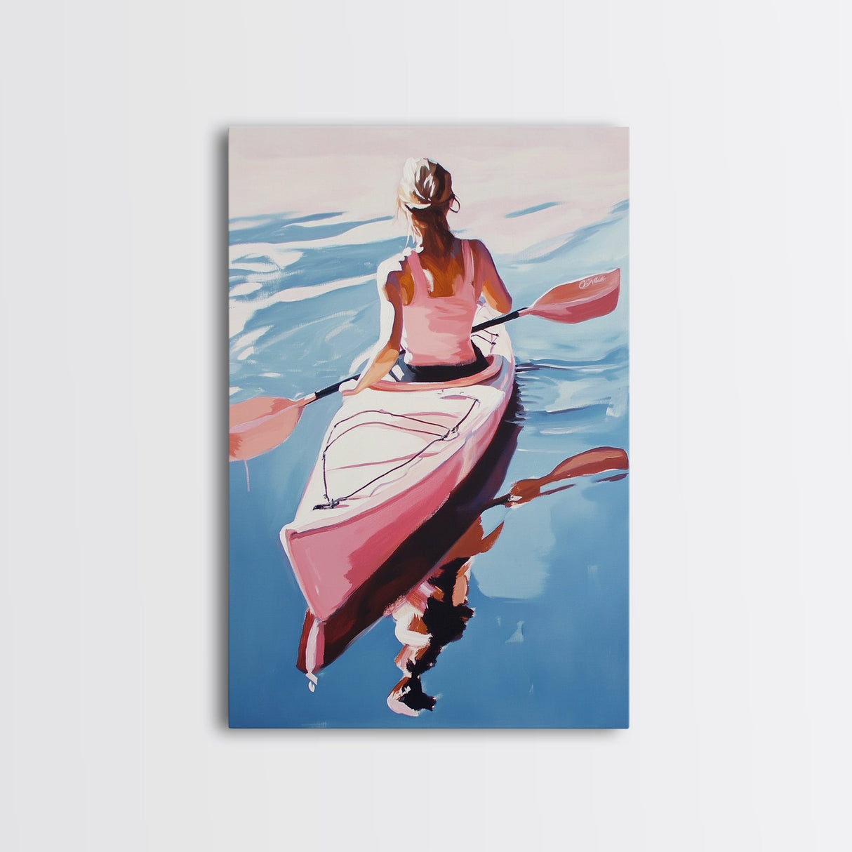 Kayak, Adventure, Water Sports Art, Boho Coastal Decor, Summer Vibes, Outdoor Enthusiast Gift, Blue and Pink Painting, Canvas Print