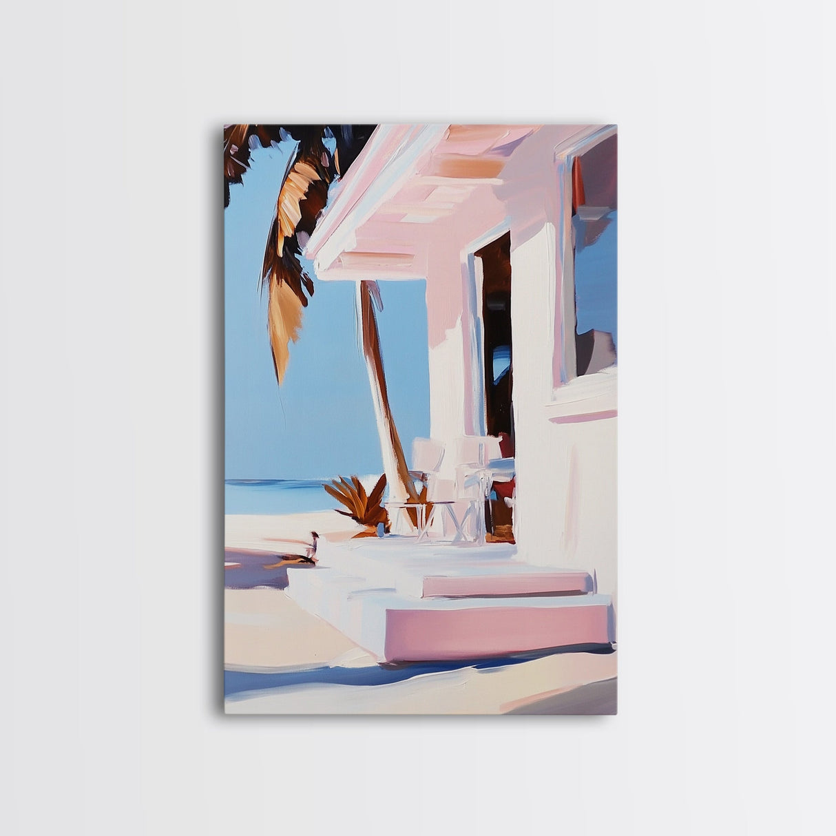 Tropical House, Palm Trees, Beach Art, Modern Coastal, Framed Canvas Print, Relaxing Home Decor, Minimalist Aesthetic, Summer Escape