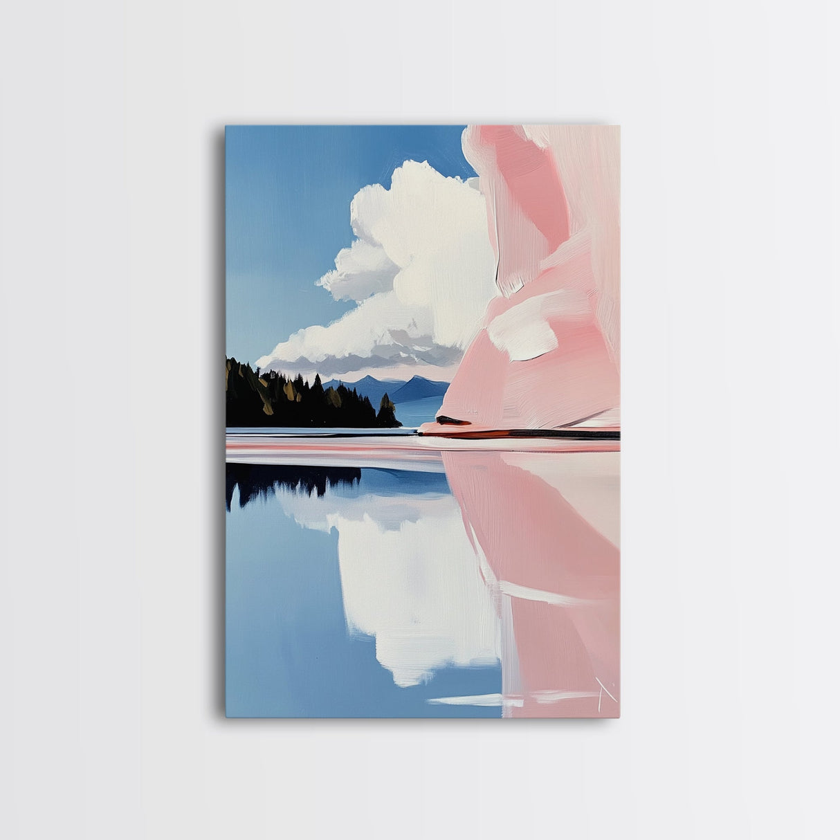 Pink Rock Reflection, Abstract Landscape, Serene Water Art, Framed Canvas Print, Modern Wall Decor, Minimalist Nature, Living Room Art